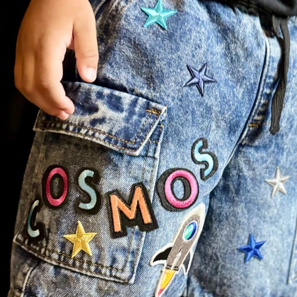 Outta this world, cool Boys “Cosmos” Denim Short Set Designed by STORY PATCH’D!
